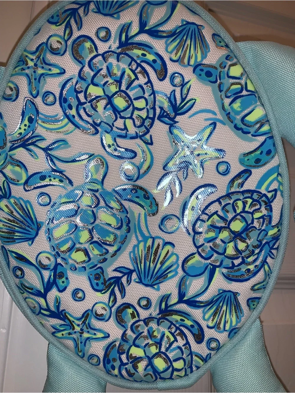 Sea turtle-shaped mini backpack bag featuring a shiny starfish shells & turtles